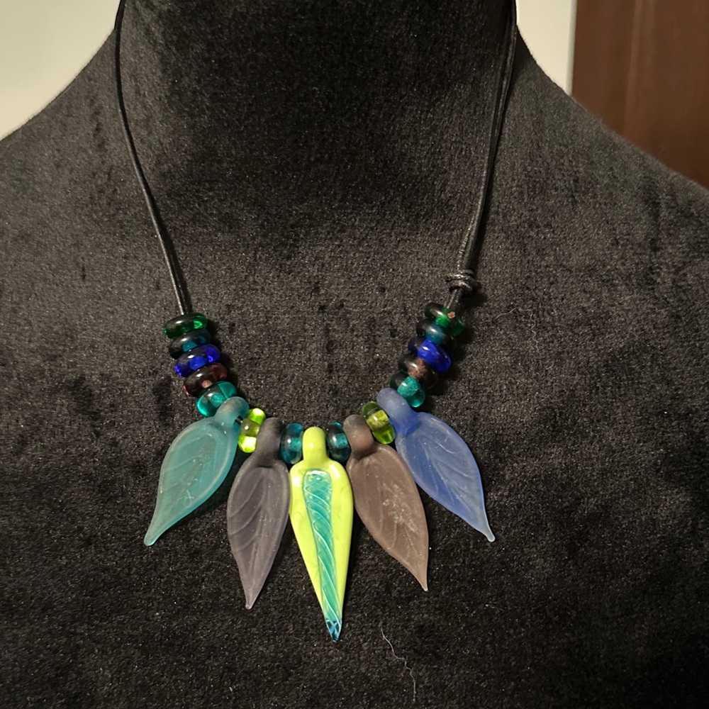 Colorful Glass Beaded Necklace with Leaf Pendants